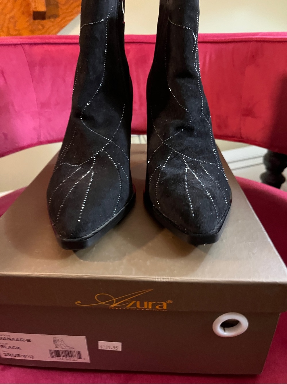 Azura Black Suede Pointed Ankle Booties with Studded Stitching